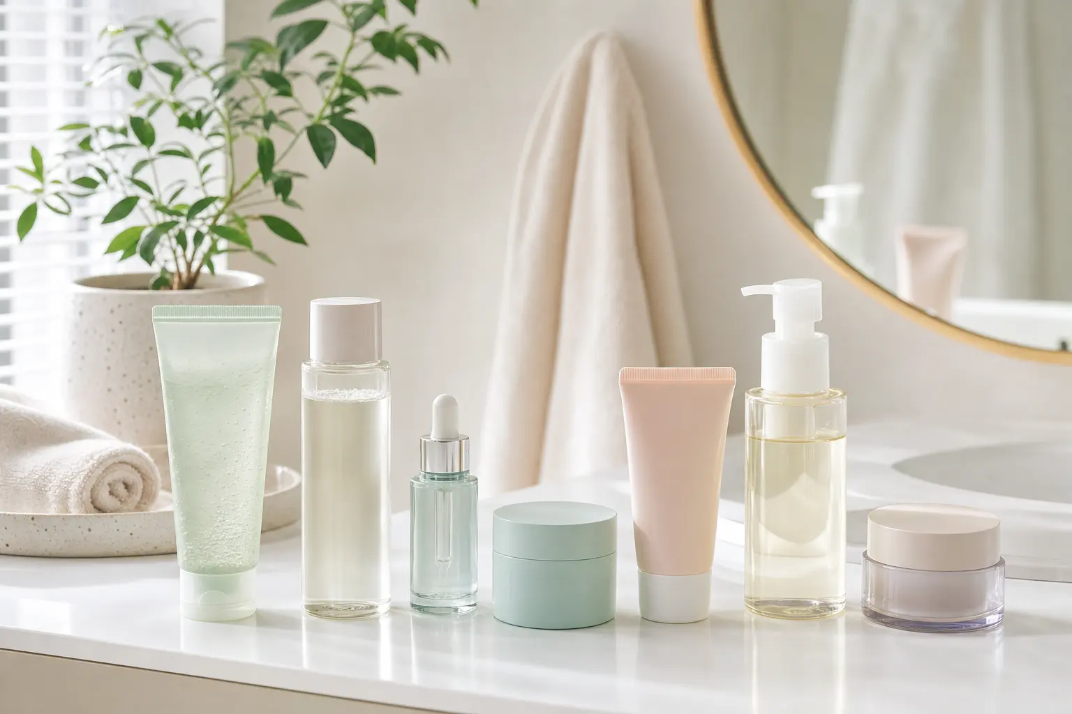 A flat lay of an organized morning and night K-beauty routine on a white bathroom counter: gel cleanser, toner, serum, m