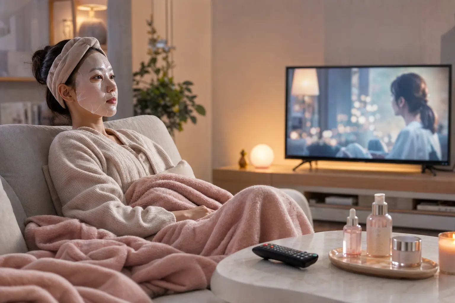 For the comfort ritual movie-night section, illustrate a person lounging on a sofa under a blanket, wearing a translucen
