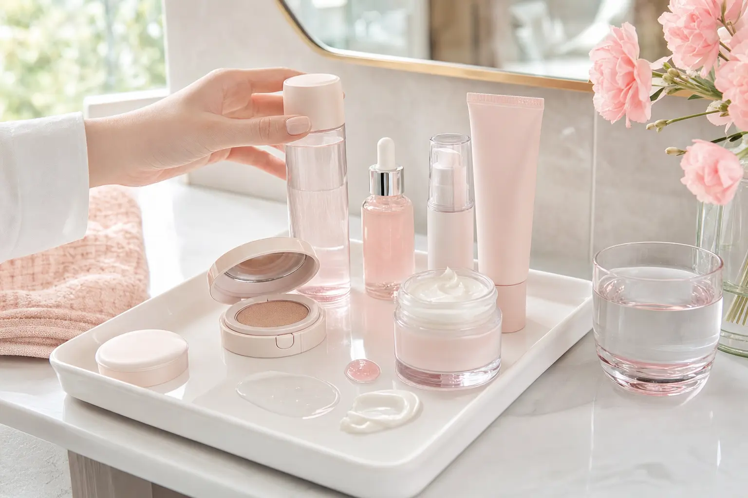 Close-up shot of a bathroom vanity in soft daylight with neatly arranged Korean skincare bottles and jars, a cushion com