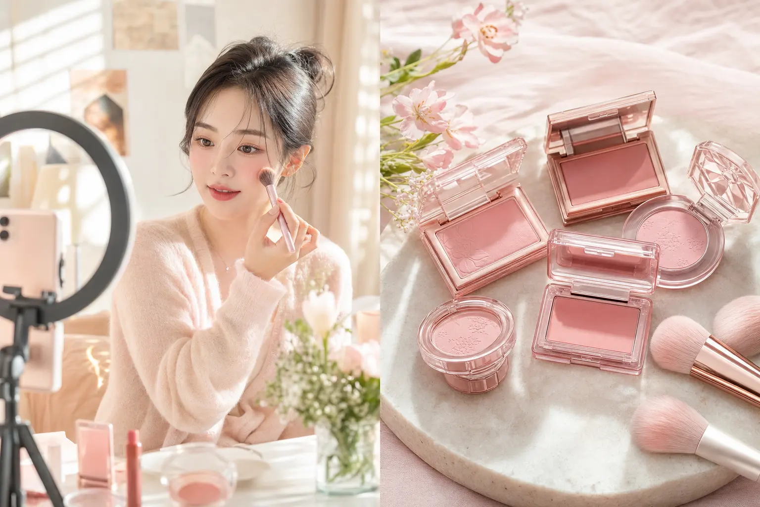 For the section explaining how the transition blush drama started, show a split scene: on one side, a creator filming a