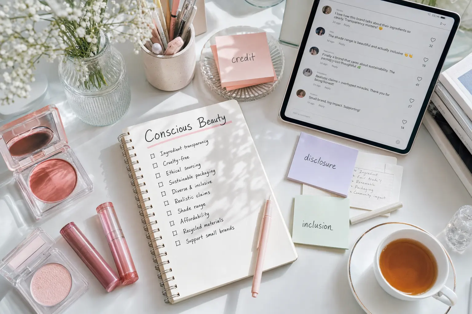For the ethical buying checklist section, create an overhead shot of a beauty lover’s desk with a notebook open to a che