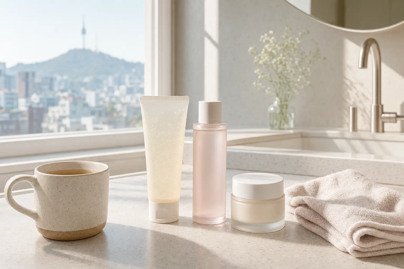 For the section on low-effort K-beauty routines, depict a bathroom counter with just three minimalist Korean skincare pr