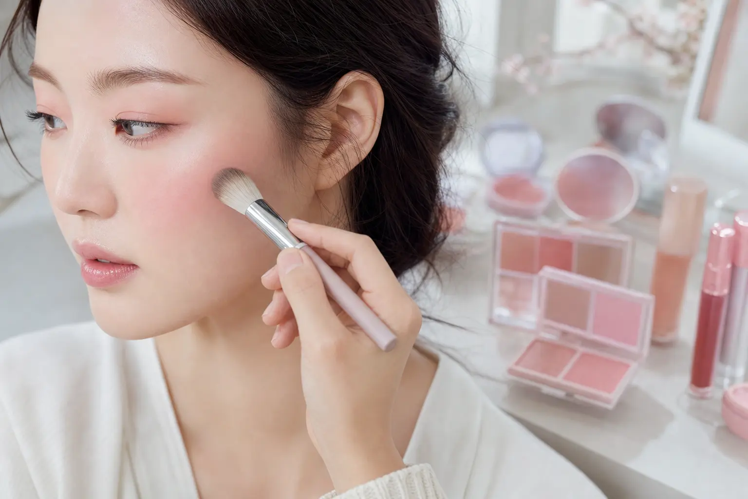 For the how-to section on creating a gradient cheek with Korean products, depict a close-up of a model’s cheek and templ