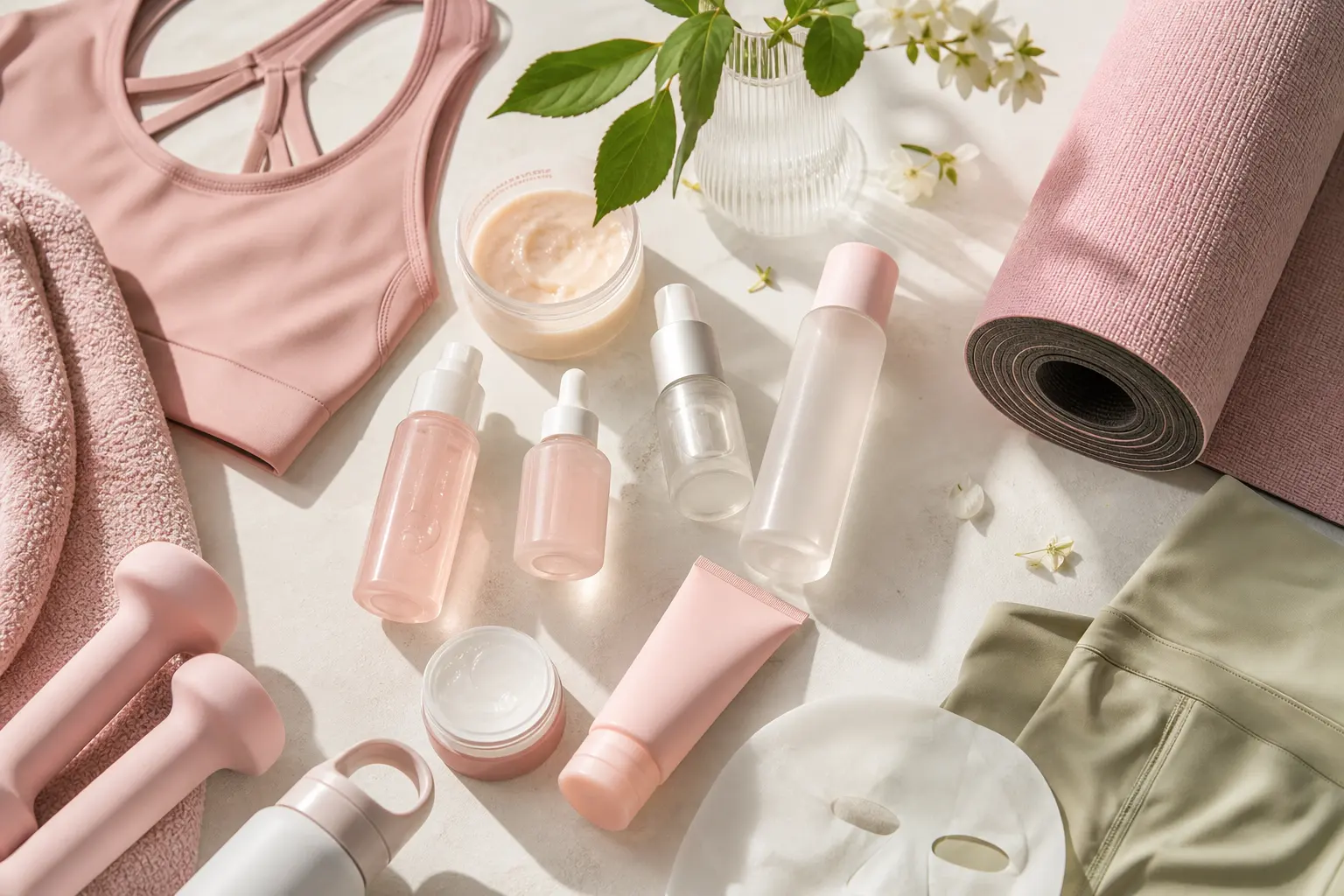 An aesthetically pleasing flat lay of popular K-beauty products alongside fitness gear, symbolizing the blend of health