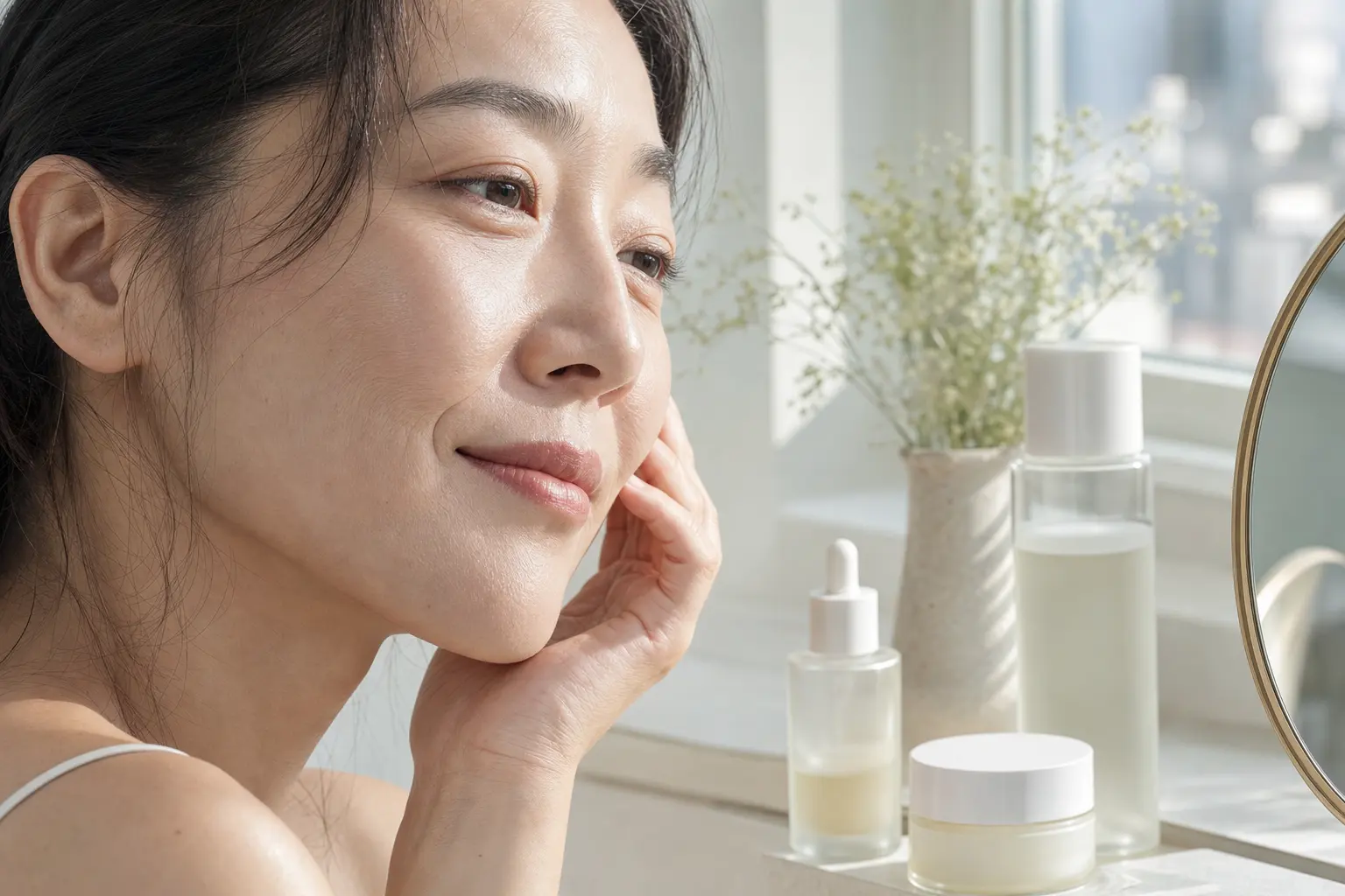 For the section on anti-gloss beauty, depict a close-up of a person’s face with visible fine lines and natural skin text