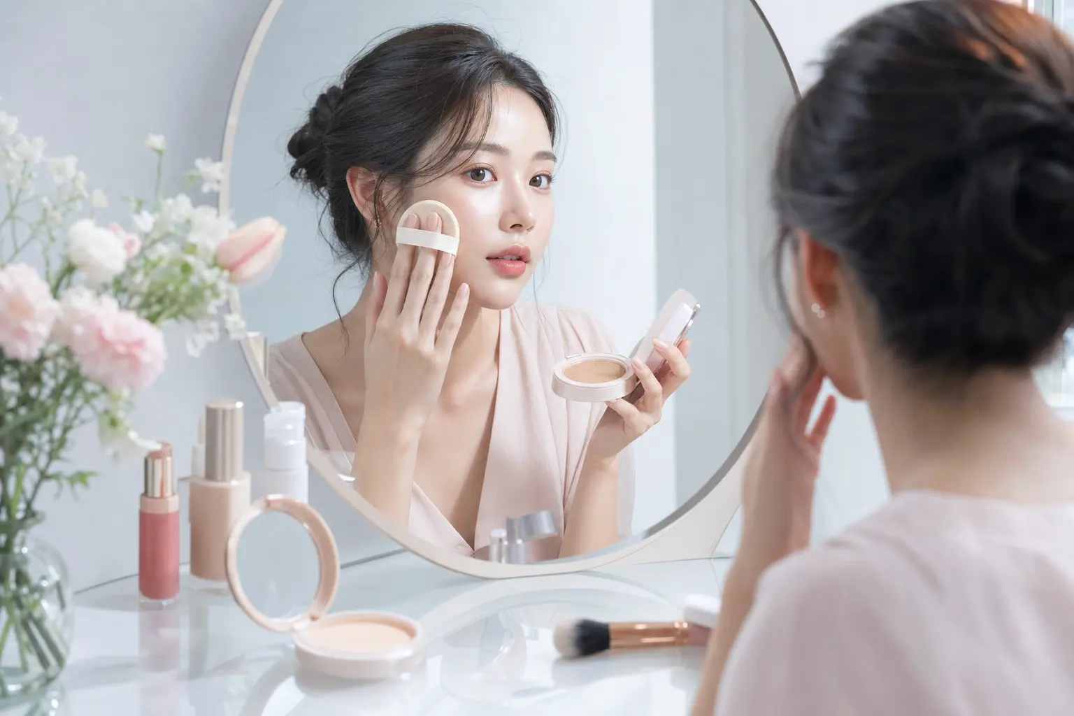 A portrait-style shot of a person applying cushion foundation in front of a mirror, their skin already prepped and lumin