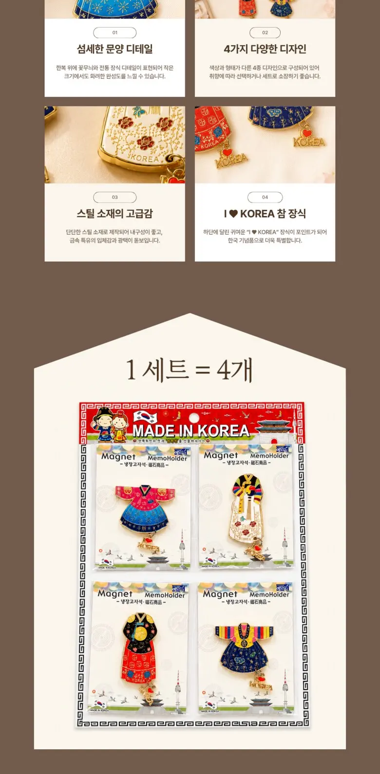Korea Hanbok Steel Magnet Set of 4 - Traditional Hanbok Fridge Magnet Souvenir & Decor Detail
