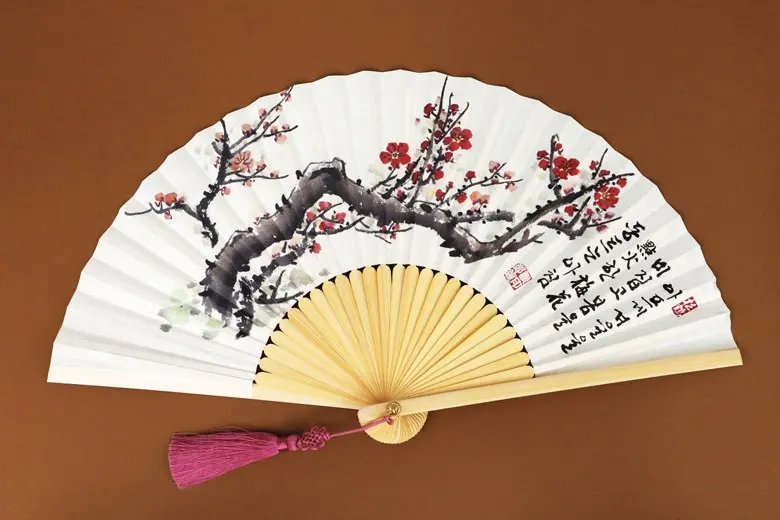 Korean Traditional Jeonju Hapjukseon Bamboo Fan, Plum Blossom Ink Painting Design, 1 Piece Detail