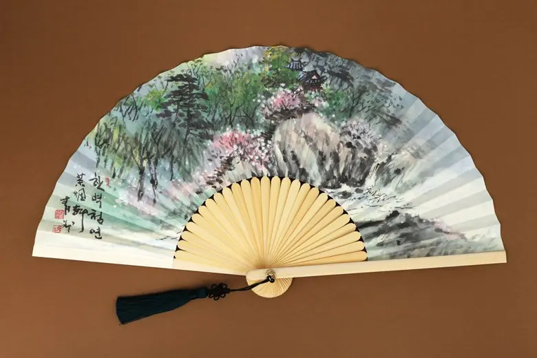 Korean Traditional Jeonju Hapjukseon Bamboo Fan, Plum Blossom Ink Painting Design, 1 Piece Detail