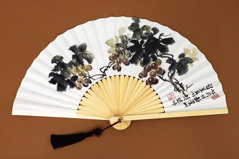 Korean Traditional Jeonju Hapjukseon Bamboo Fan, Plum Blossom Ink Painting Design, 1 Piece Detail