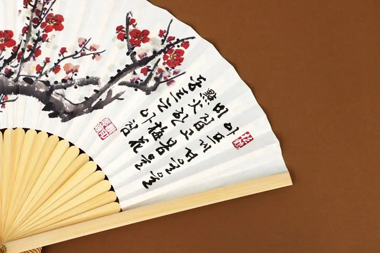 Korean Traditional Jeonju Hapjukseon Bamboo Fan, Plum Blossom Ink Painting Design, 1 Piece Detail