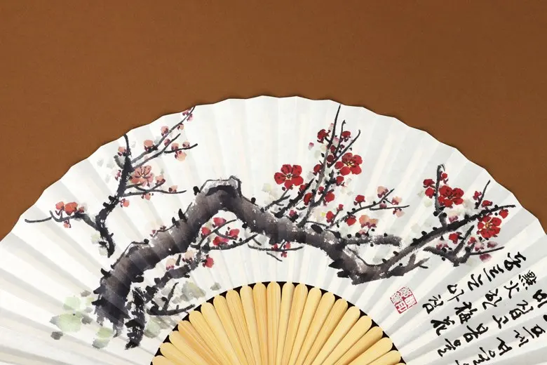 Korean Traditional Jeonju Hapjukseon Bamboo Fan, Plum Blossom Ink Painting Design, 1 Piece Detail