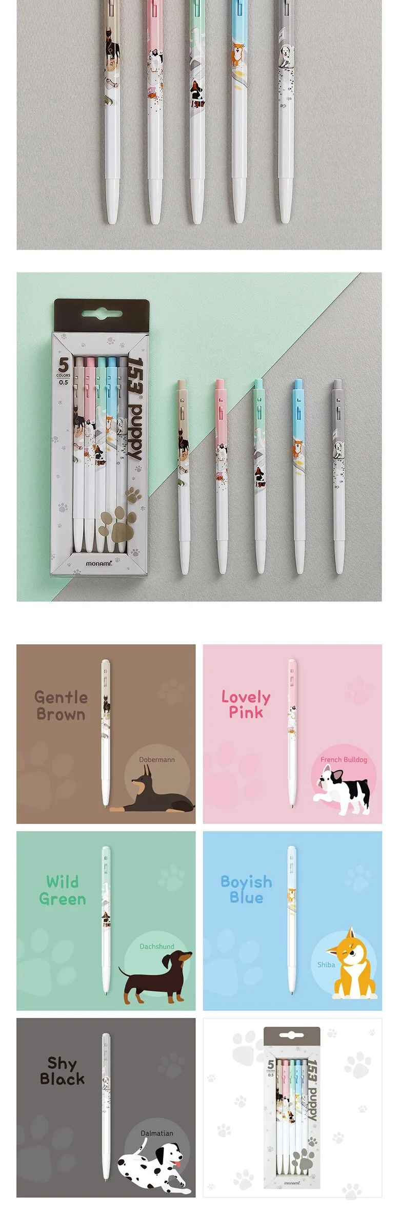 MONAMI 153 Ballpoint Pen 5-Piece Set Puppy, Travel, Flower, Yummy, I Love Korea Detail