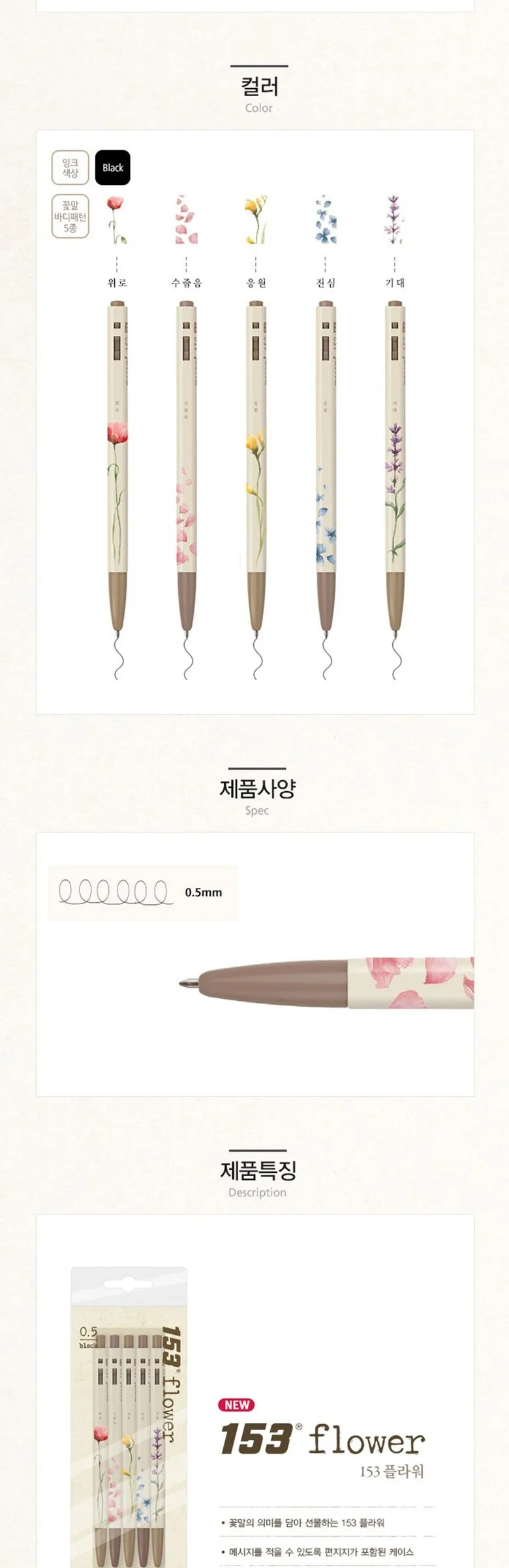 MONAMI 153 Ballpoint Pen 5-Piece Set Puppy, Travel, Flower, Yummy, I Love Korea Detail