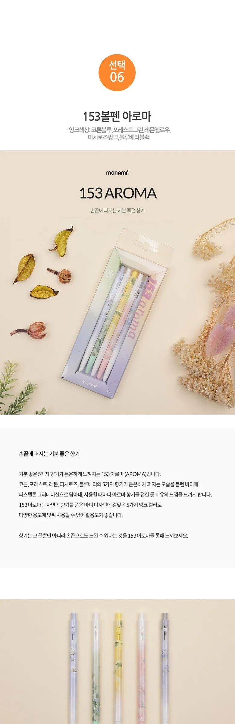 MONAMI 153 Ballpoint Pen 5-Piece Set Puppy, Travel, Flower, Yummy, I Love Korea Detail