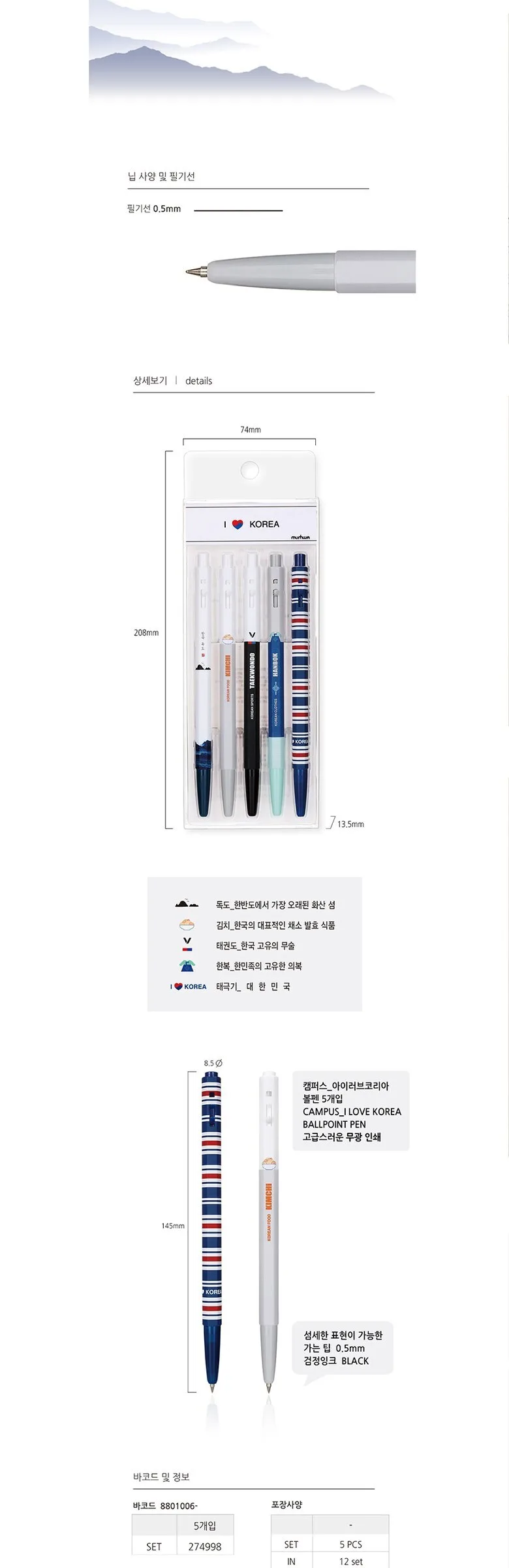 MONAMI 153 Ballpoint Pen 5-Piece Set Puppy, Travel, Flower, Yummy, I Love Korea Detail