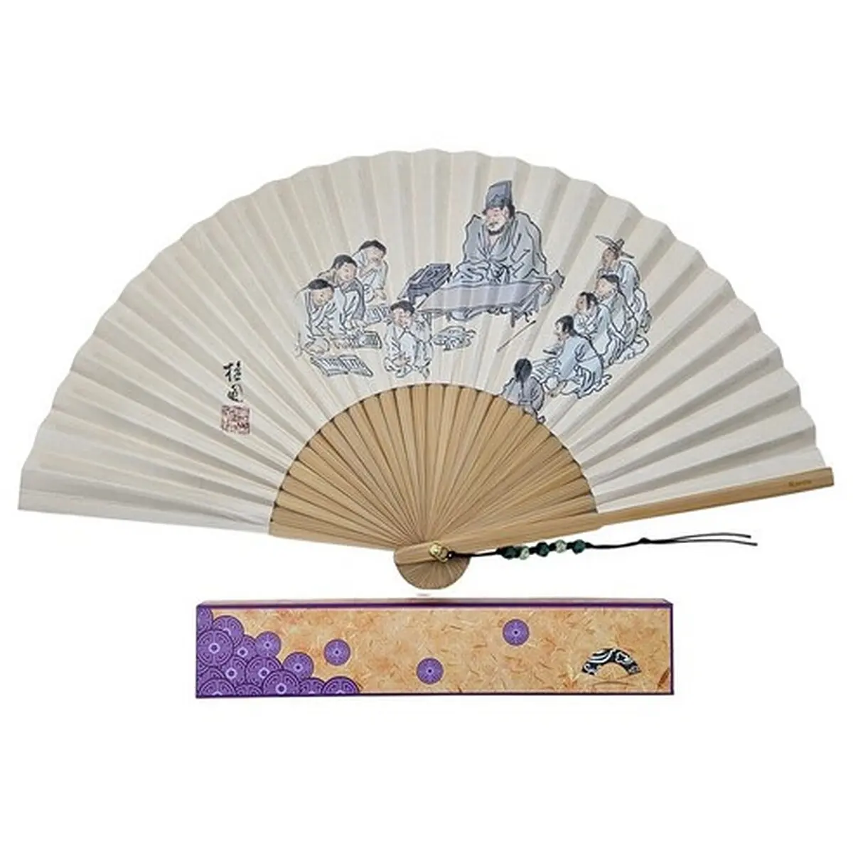 Premium Korea Foldable Traditional Bamboo Fan Large Size - Folk Painting