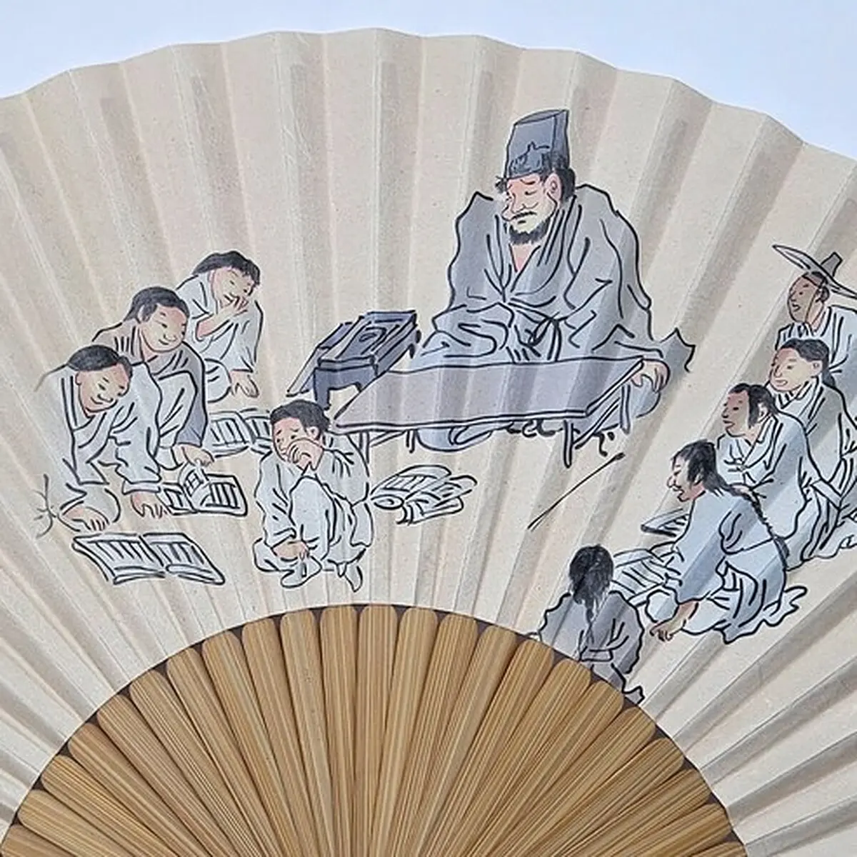 Premium Korea Foldable Traditional Bamboo Fan Large Size - Folk Painting