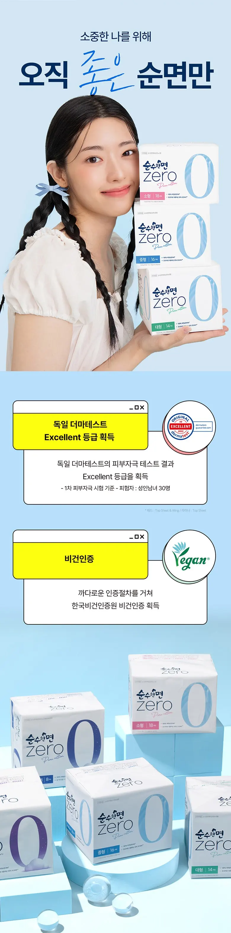 SUSUhanmyeon zero Pure Cotton Sanitary Pads Wing Type Medium 22pcs x 4 Packs (Total 88 Pads) Detail