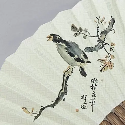 Formemore Korean Traditional Folk Painting Folding Bamboo Fan Medium Size