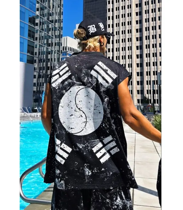 ByTHeR Rough Painting Korean Flag V-Neck Mesh Cut-Off Sleeveless Top Black