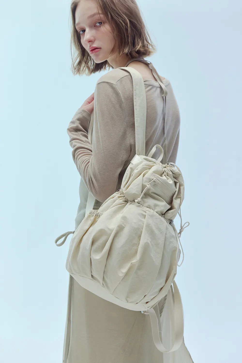 ALENE Pleated Drawstring Nylon Backpack 2 Colors Detail