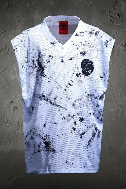 ByTHeR Rough Paint Korean Flag V-Neck Mesh Cut-Off Sleeveless Top White