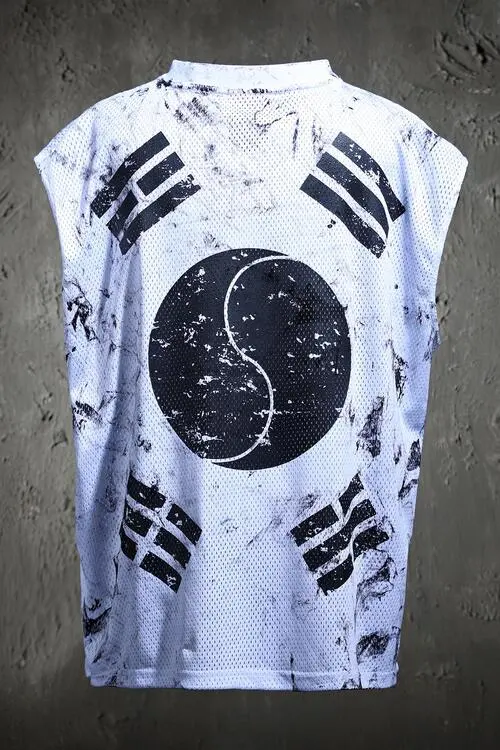 ByTHeR Rough Paint Korean Flag V-Neck Mesh Cut-Off Sleeveless Top White