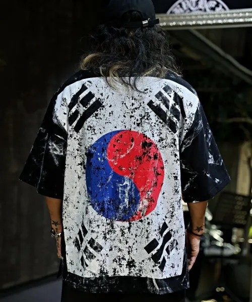 BYTHER Rough-Painted Korean Flag Loose-Fit Black Short-Sleeve T-Shirt
