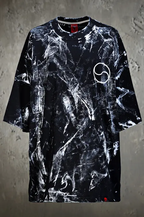 BYTHER Rough-Painted Korean Flag Loose-Fit Black Short-Sleeve T-Shirt