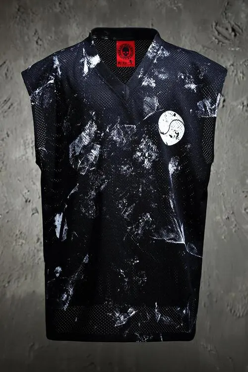 ByTHeR Rough Painting Korean Flag V-Neck Mesh Cut-Off Sleeveless Top Black
