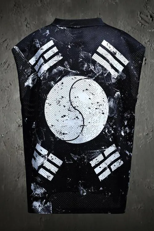 ByTHeR Rough Painting Korean Flag V-Neck Mesh Cut-Off Sleeveless Top Black