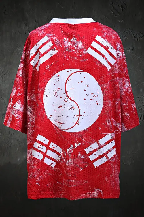 ByTheR Rough Painting Taegeukgi V-Neck Mesh Short-Sleeve T-Shirt Red