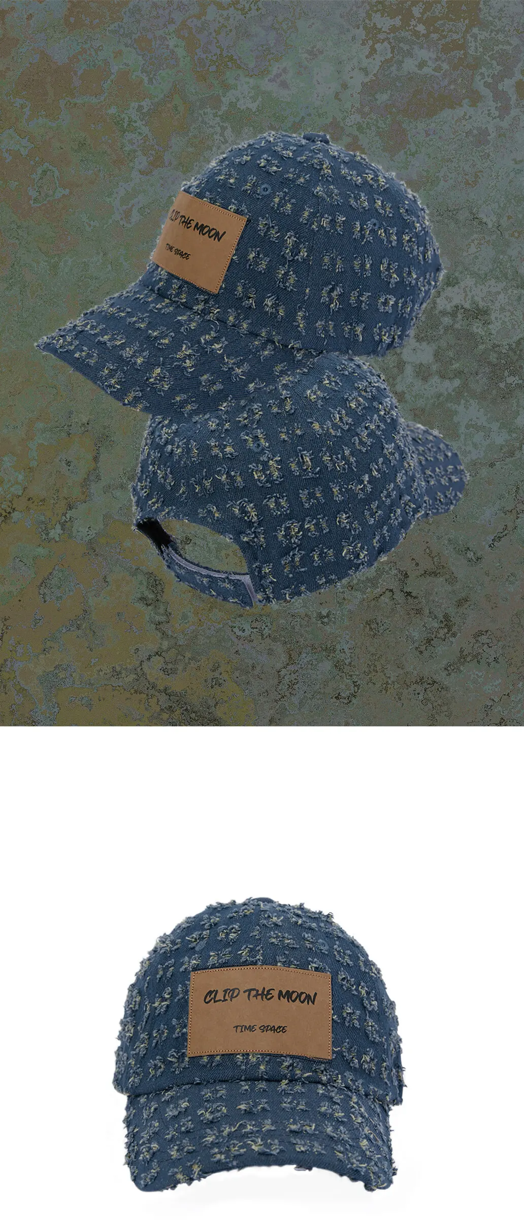 CLIP THE MOON Paper Label Torn Washed Faded Blue Cotton Cap Detail