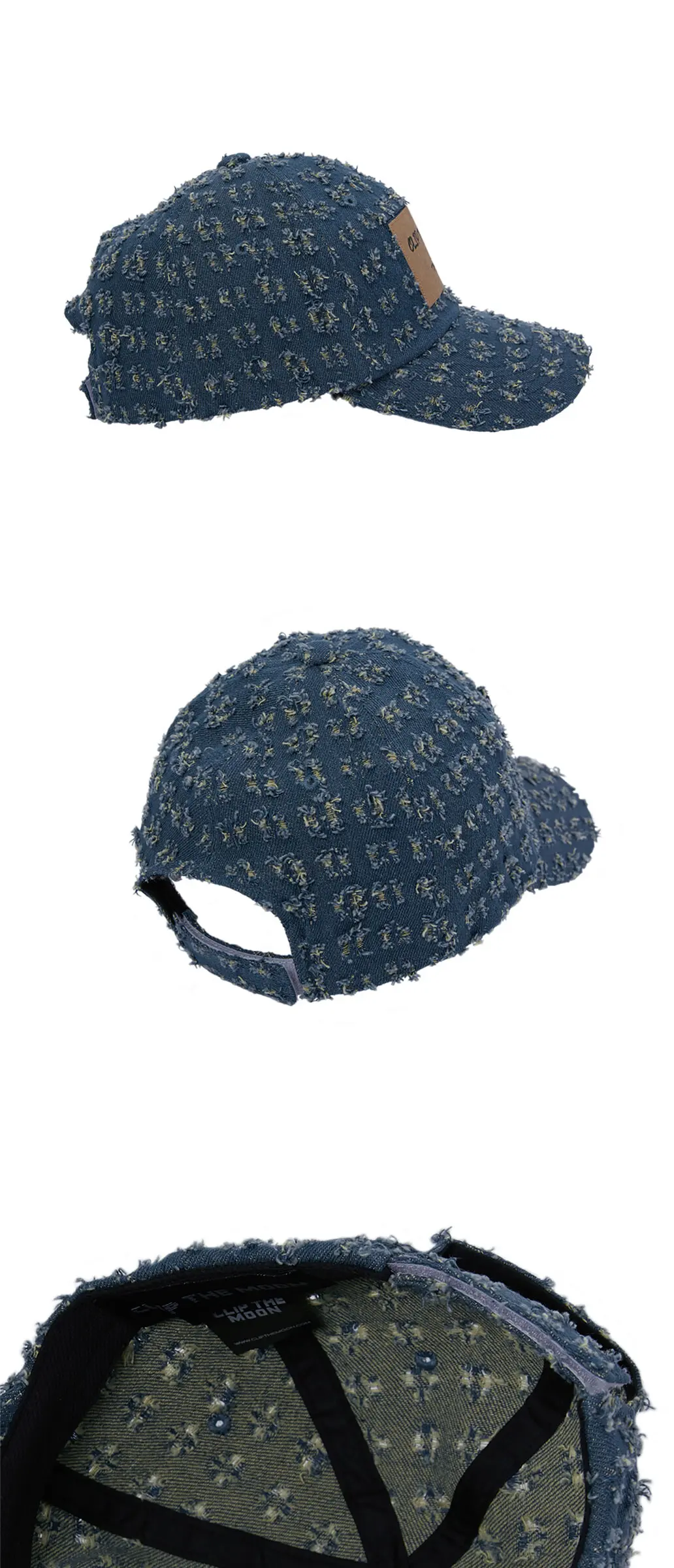 CLIP THE MOON Paper Label Torn Washed Faded Blue Cotton Cap Detail
