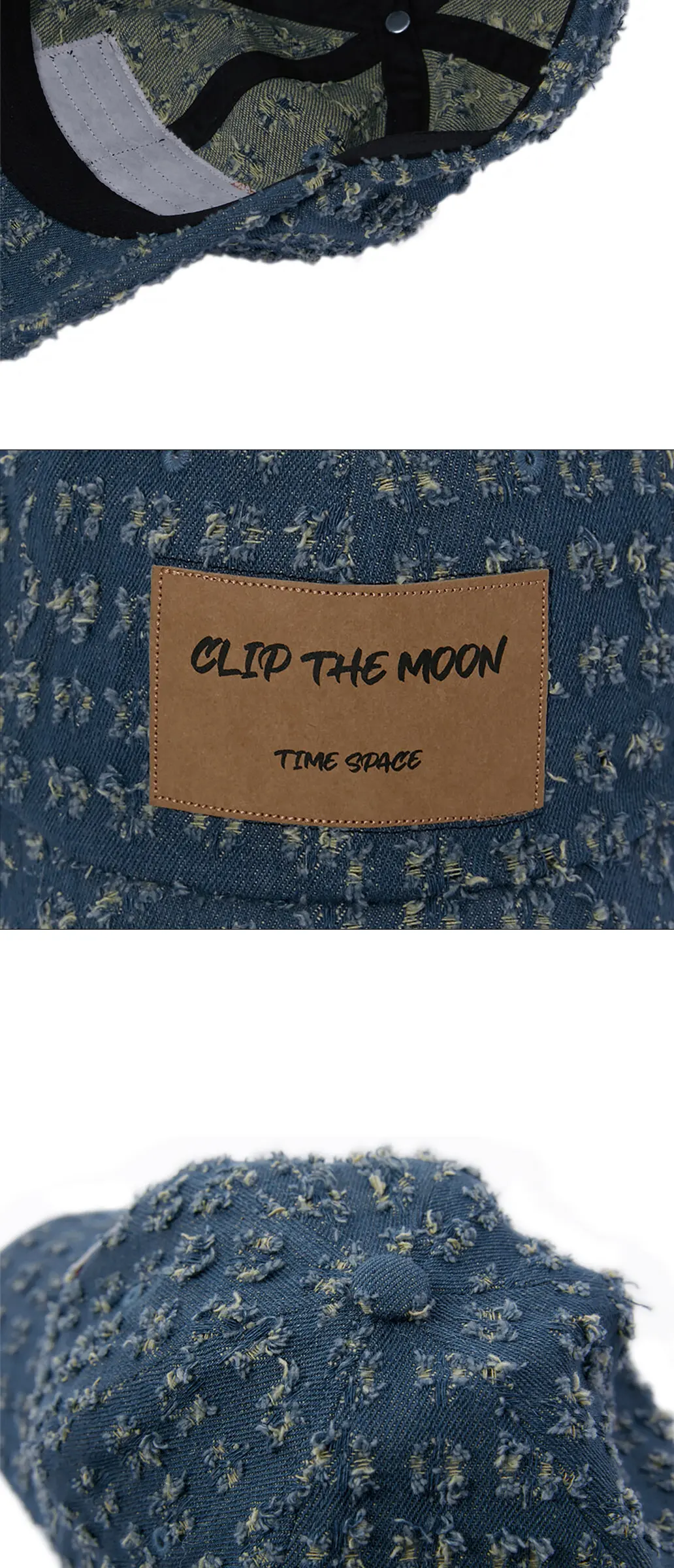 CLIP THE MOON Paper Label Torn Washed Faded Blue Cotton Cap Detail