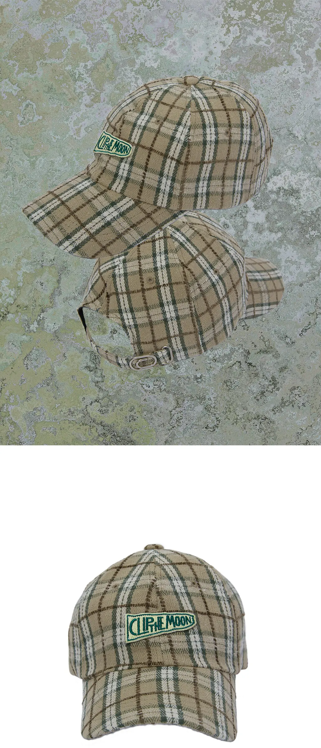 CLIP THE MOON Sign Box Beige Green Check Cotton Cap Detail