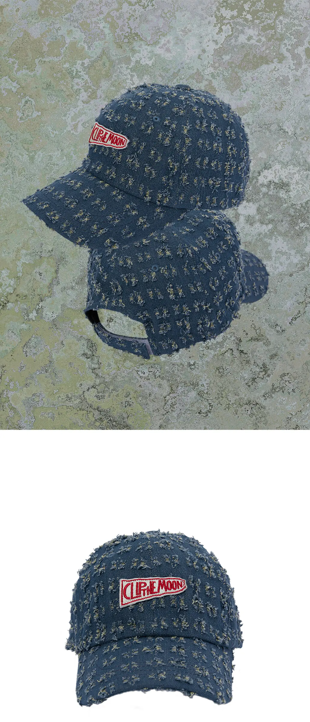 CLIP THE MOON Sign Box Torn Washed Faded Blue Cap Detail