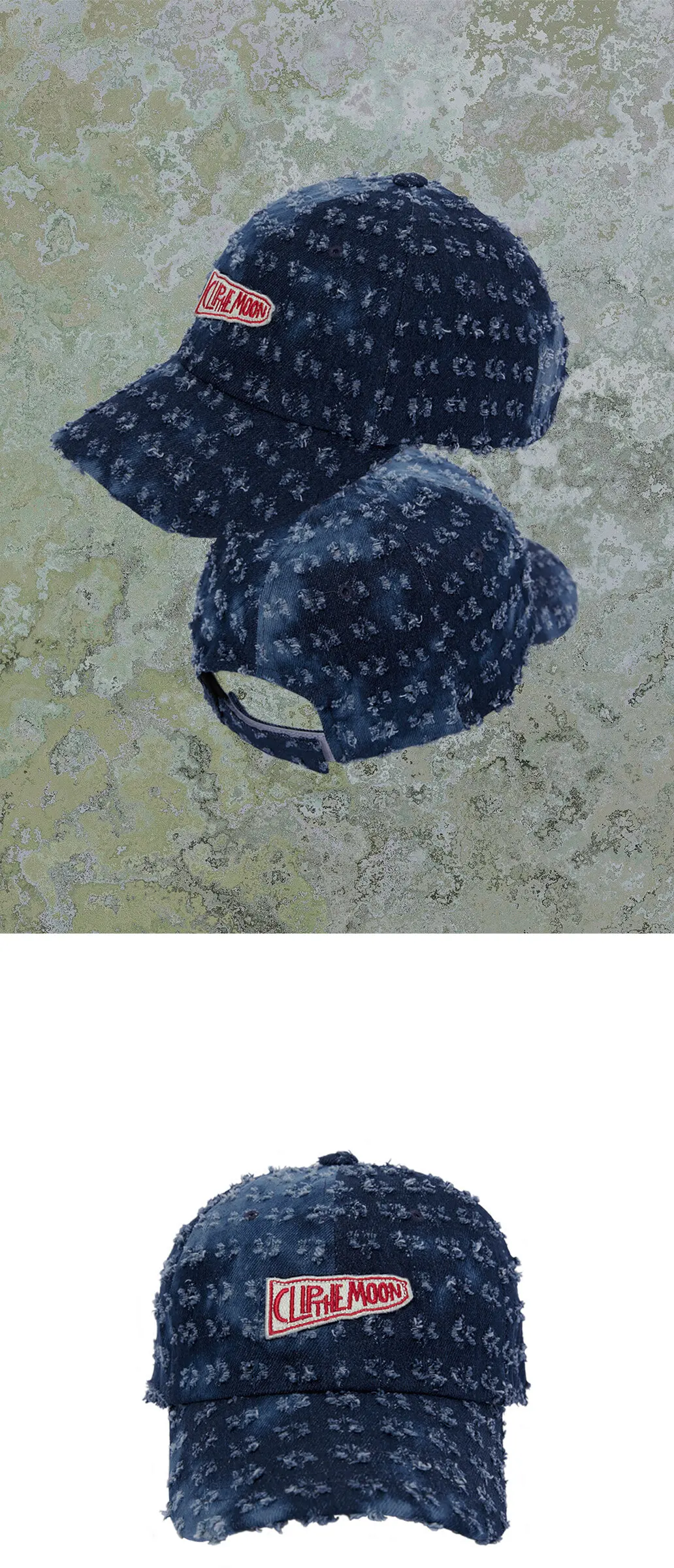 Clip The Moon Sign Box Torn Washed Blue Cotton Cap Detail