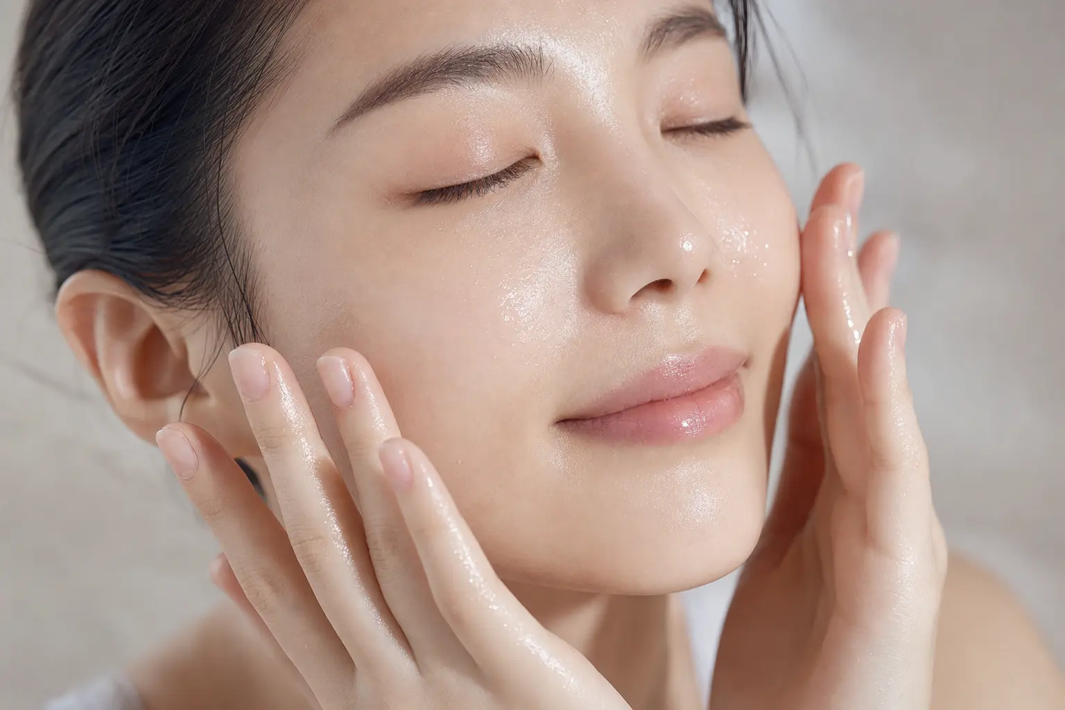 Close-up of palms patting a clear, watery essence into slightly damp skin. Show dewy skin texture, subtle sheen, and tin