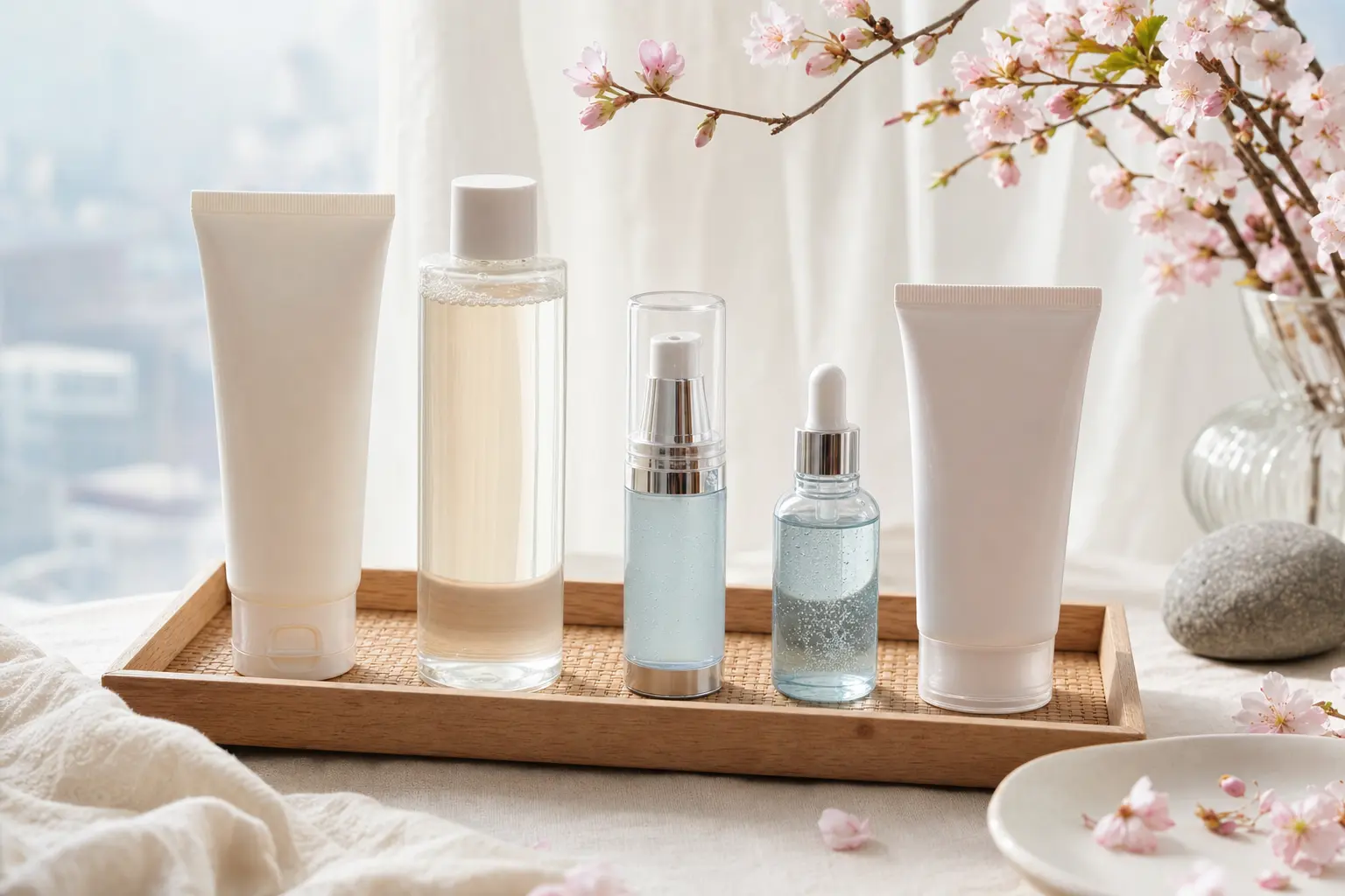 Flatlay of a morning skincare routine: cleanser, toner, a PDRN serum in an airless pump, hyaluronic acid bottle and suns