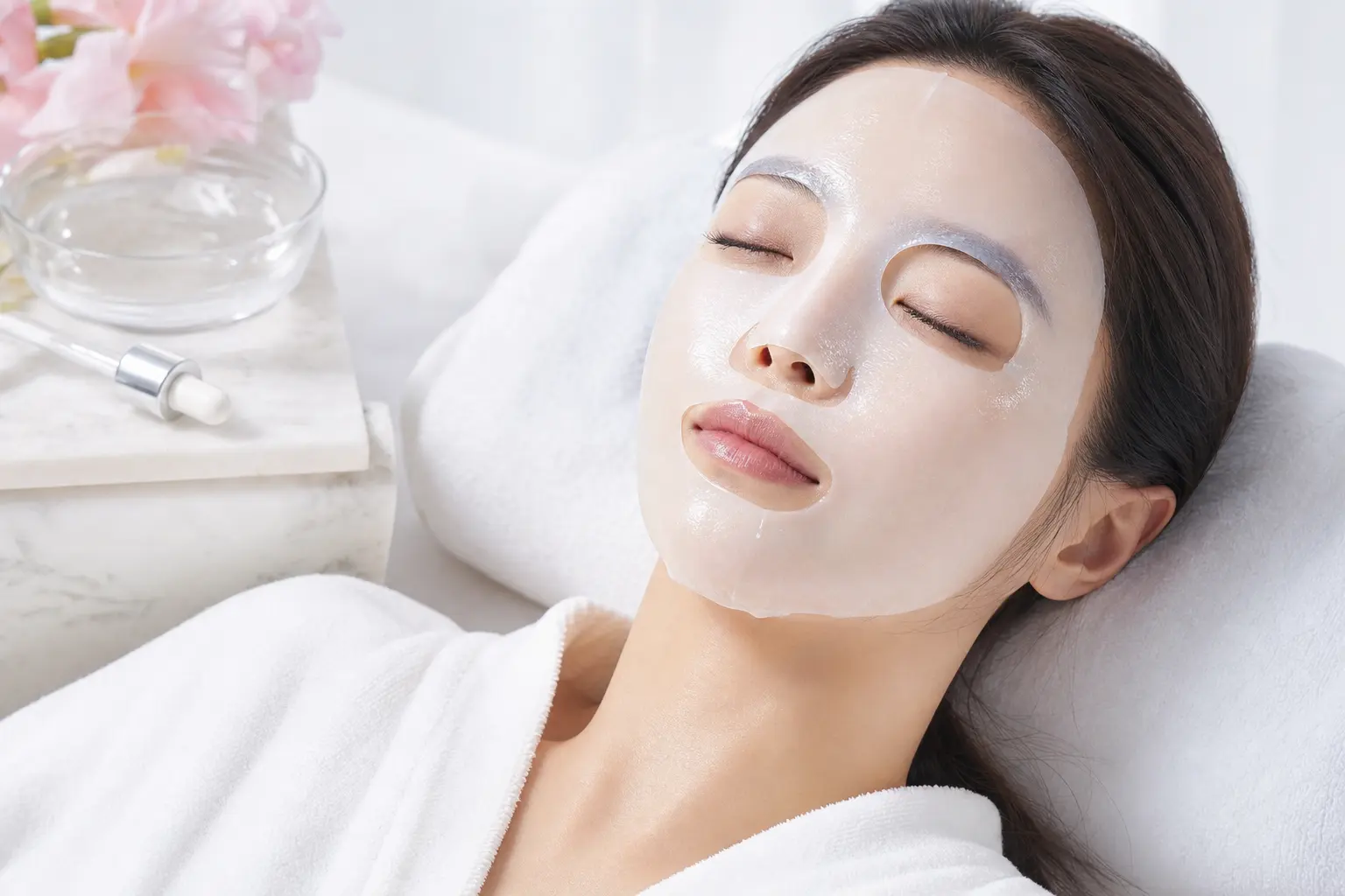Section image for performance masks: a spa setting with a model reclined wearing a bio-cellulose sheet, clinical white t