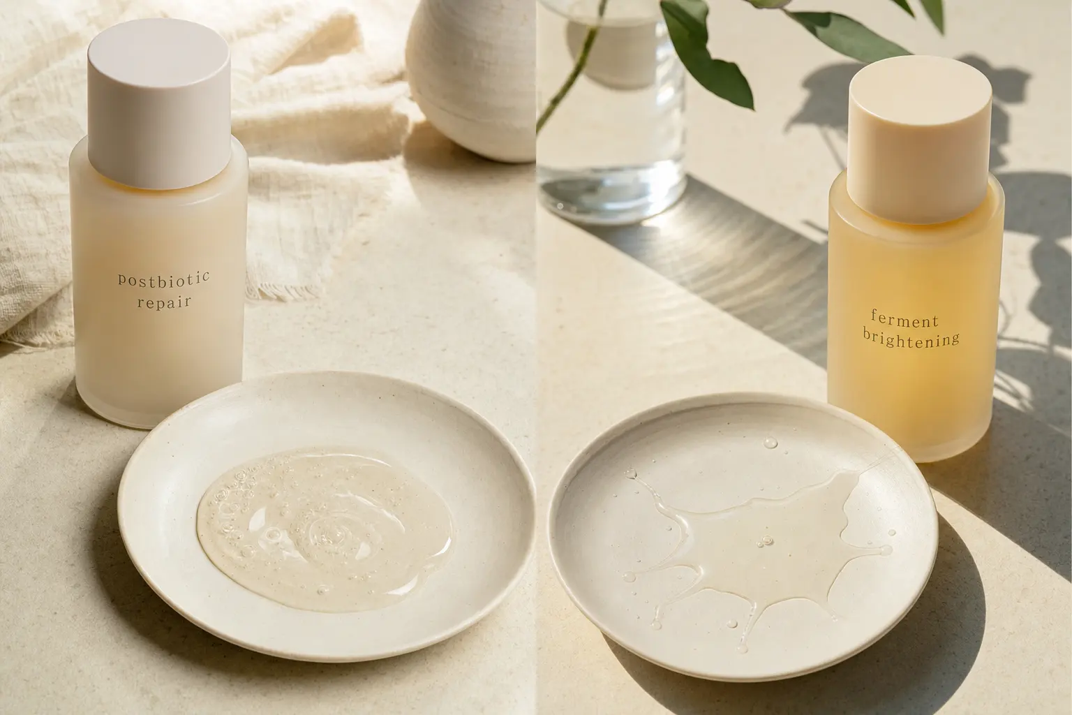 A split-styled composition showing two bottles labeled 'postbiotic repair' and 'ferment brightening' with sample texture