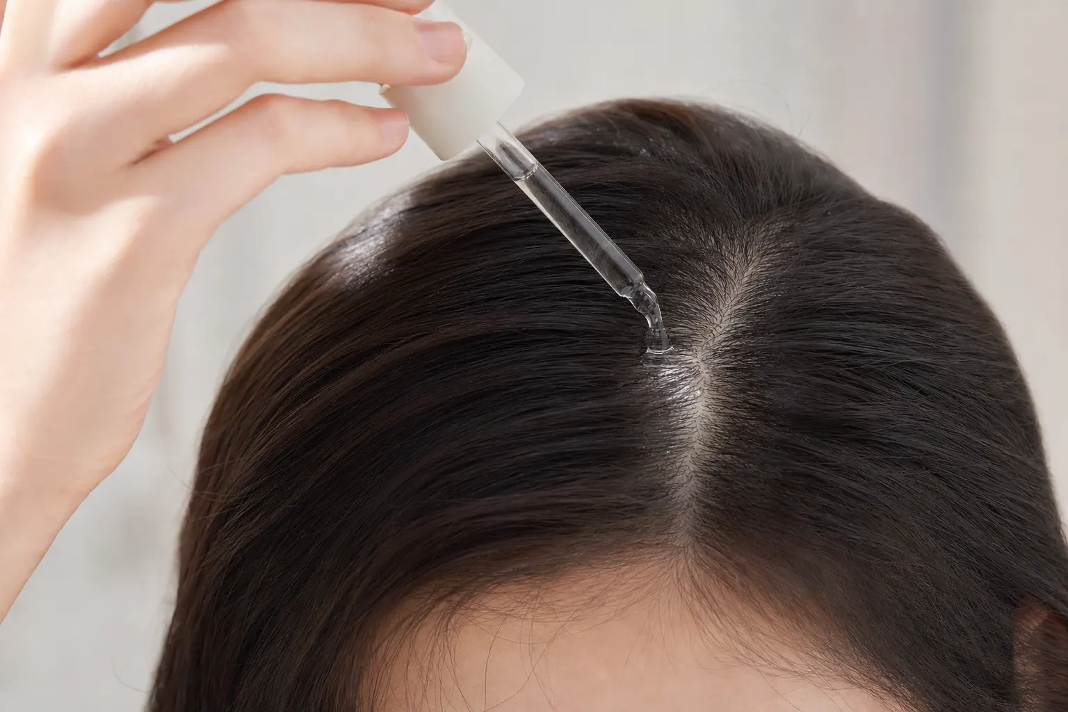 Close-up image of a hand dispensing a clear scalp serum from a glass dropper onto the center of a clean scalp, hair part