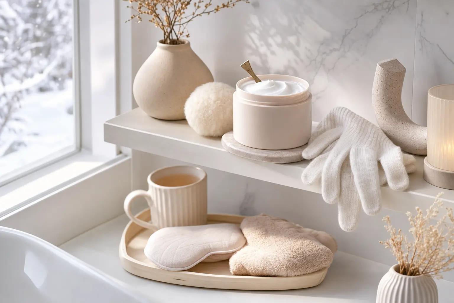 A bathroom shelf in winter styling: a thick treatment cream jar with a small spatula, cotton gloves, and a bedside tray