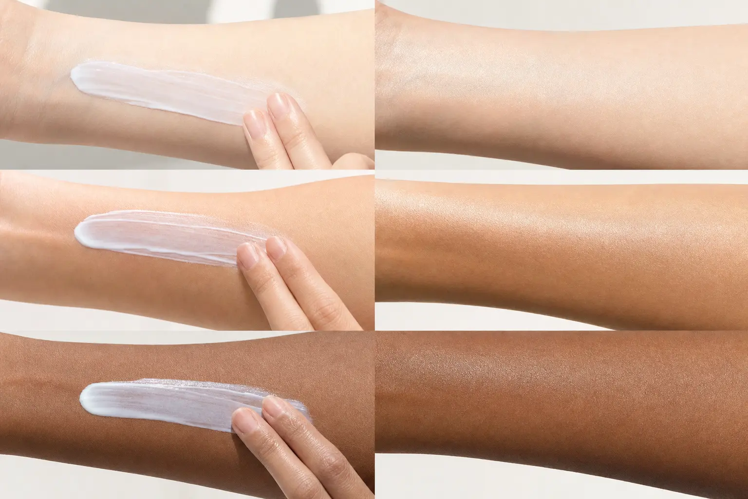Close-up shot of three different skin tones on forearms, each with a strip of Korean sunscreen being blended in, shown b