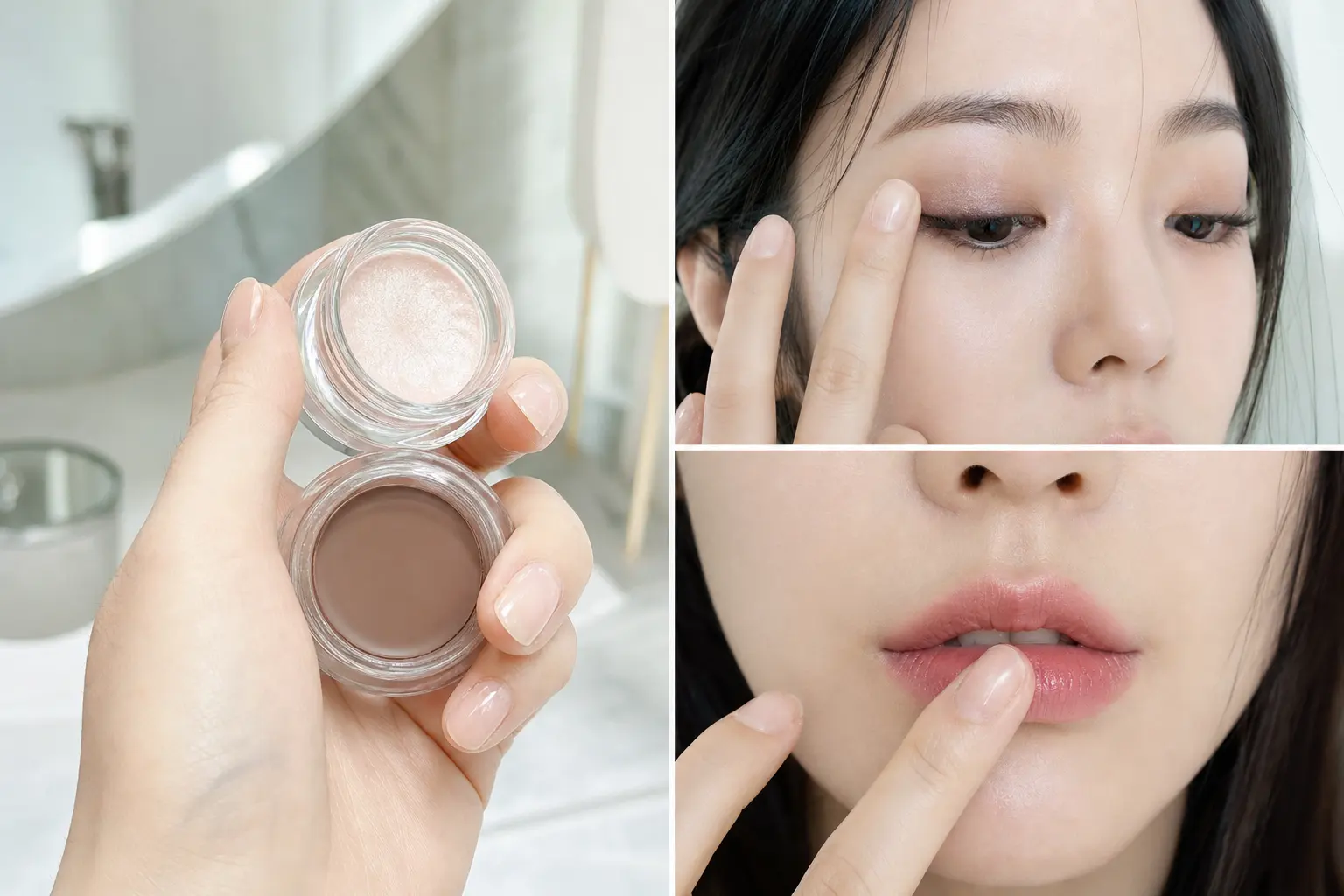 A makeup demo scene: a small cream highlighter, matte taupe cream shadow, a fingertip pressing a tint into the center of