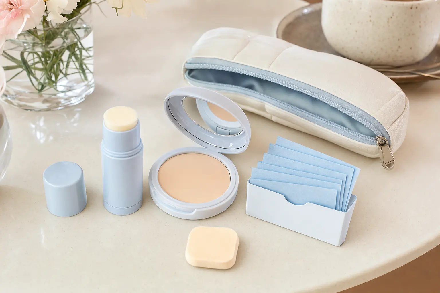 A small travel kit laid out for on-the-go reapplication: a sunscreen stick, blotting papers, a compact powder, and a tin