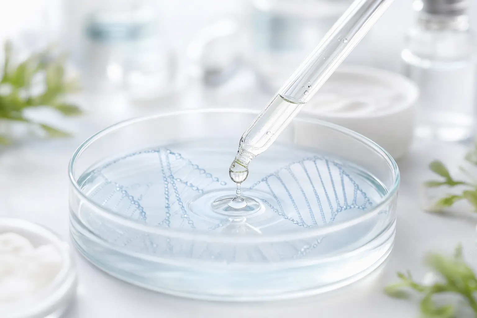 Macro photo of a laboratory pipette dispensing a translucent serum over a petri dish with faint DNA strand graphics in s