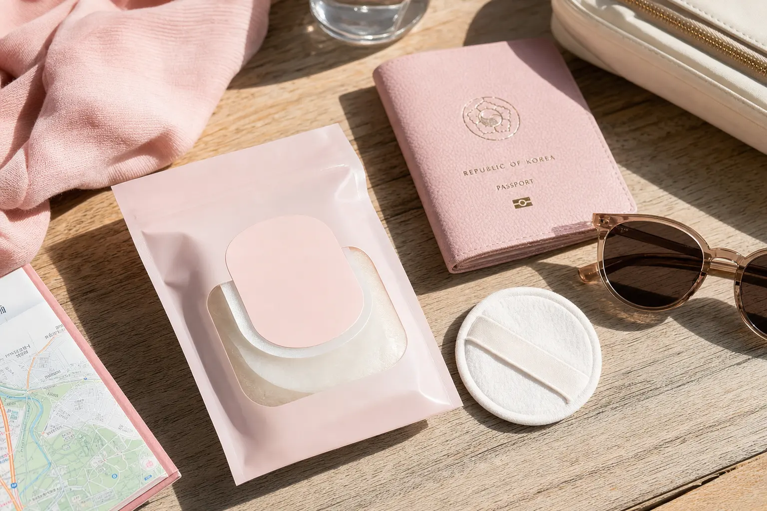 A travel-ready flatlay showing a sealed packet of pre-soaked toner pads, a compact reusable cotton pad, passport, and su